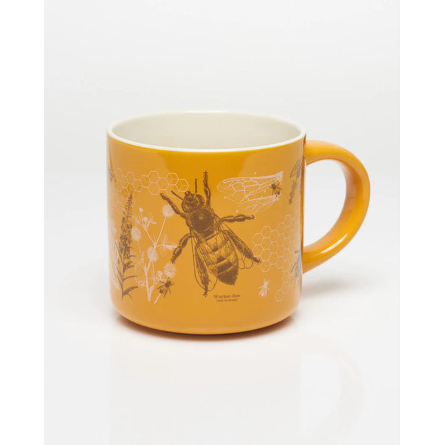 the other side of the goldenrod yellow coffee mug with vintage illustrations and scientific diagrams of honey bees