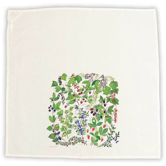 the unfolded berries tea towel showing the design centered at the bottom of the towel for best folded display