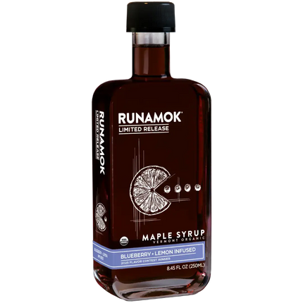 Bottle of Runamok maple syrup with blueberry and lemon infusion on a white background
