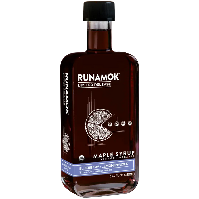 Bottle of Runamok maple syrup with blueberry and lemon infusion on a white background