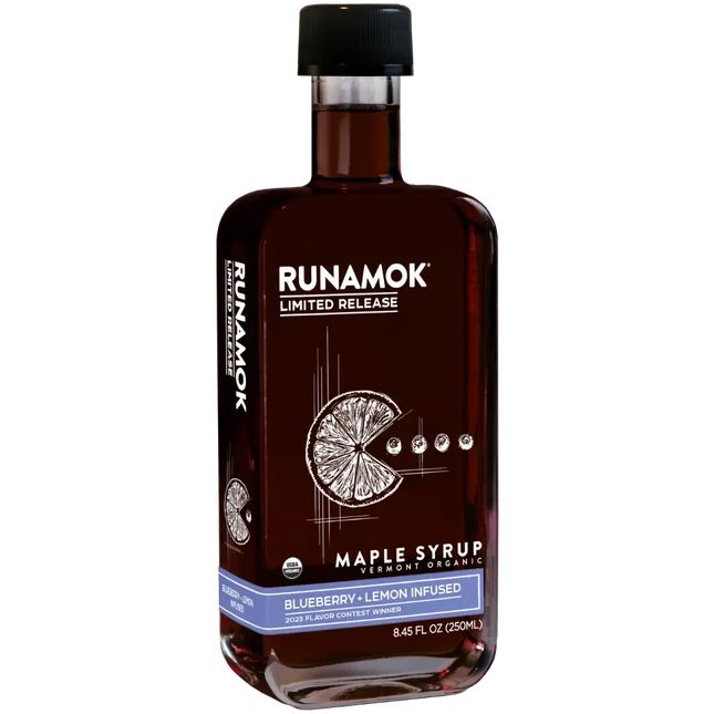 Bottle of Runamok maple syrup with blueberry and lemon infusion on a white background