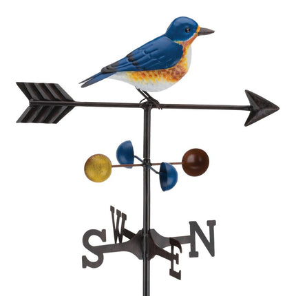 Close-up of the bluebird weathervane, highlighting the full 3-dimensional body and thick metal construction