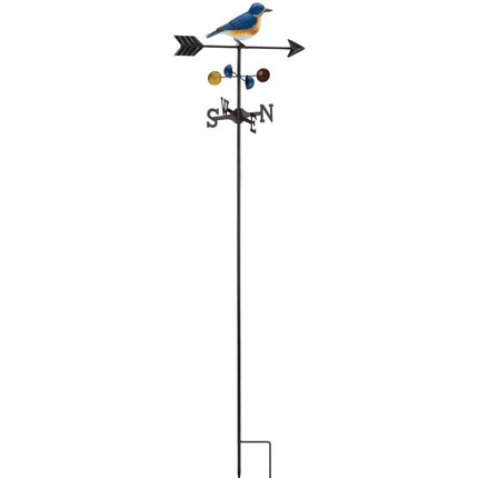 Weathervane Stake featuring a detailed bluebird sculpture, showcasing its vibrant colors and intricate design and tall stake