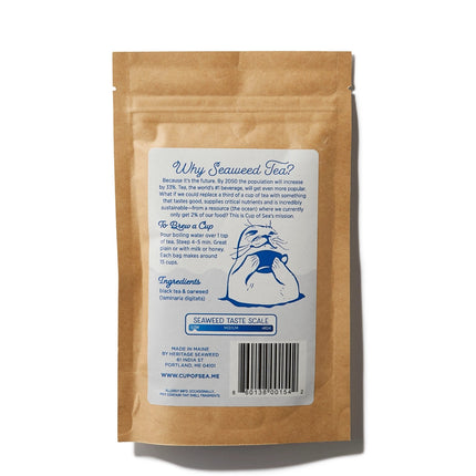 the back of the bold coast breakfast seaweed tea package featuring seaweed health benefits, ingredients, brew guide, a graphic showing that this tea has a low seaweed taste, and a graphic of a seal rising out of the sea holding a cup of tea