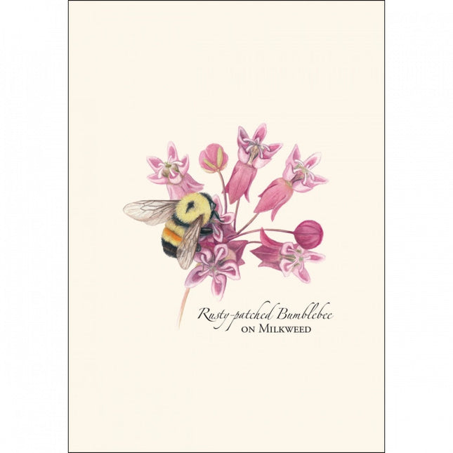 a close up of the art on one of the notecards featuring an illustration of a bumblebee on a milkweed plant with the text "Rusty Patched Bumblebee on Milkweed"