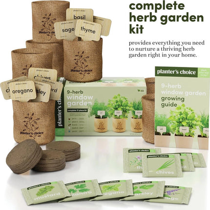 the 9 herb window garden kit package and contents arranged in a playful way