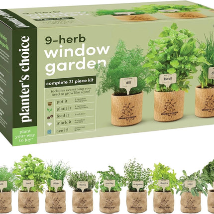 the 9 Herb Window Garden Kit package with 9 burlap planters below it with the herbs from the kit all fully grown to show the end product of the gardening kit