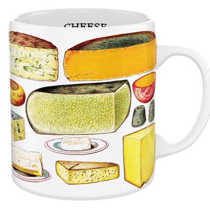 White coffee mug with vintage illustrations of various types of cheese