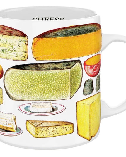 White coffee mug with vintage illustrations of various types of cheese