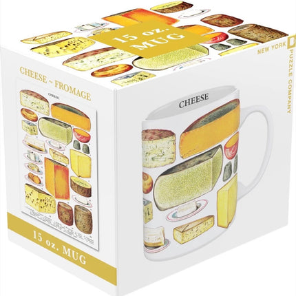 Gift boxed white coffee mug with vintage illustrations of various types of cheese