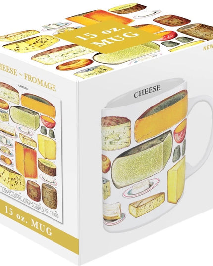 Gift boxed white coffee mug with vintage illustrations of various types of cheese