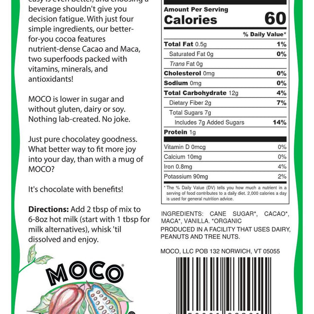 the back of the cocoa package showing ingredients, nutrition facts, and preparation instructions
