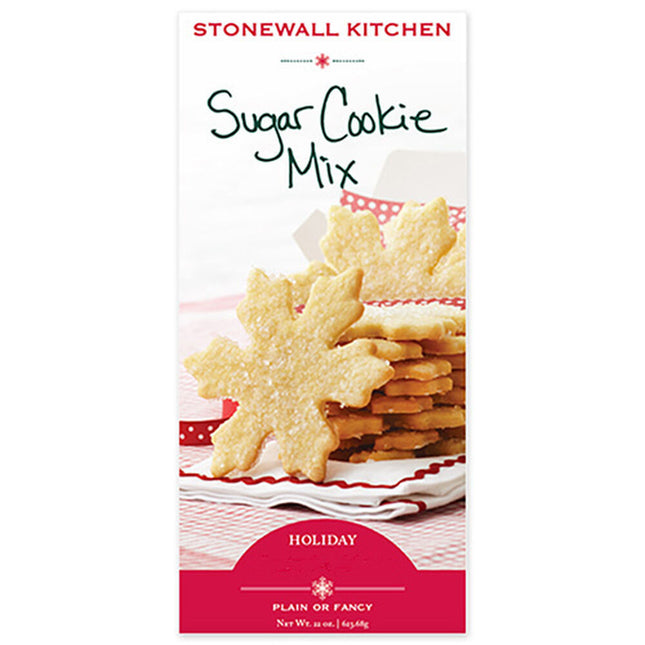 a white box of sugar cookie mix with images of sugar cookies in the shape of festive snowflakes on the box