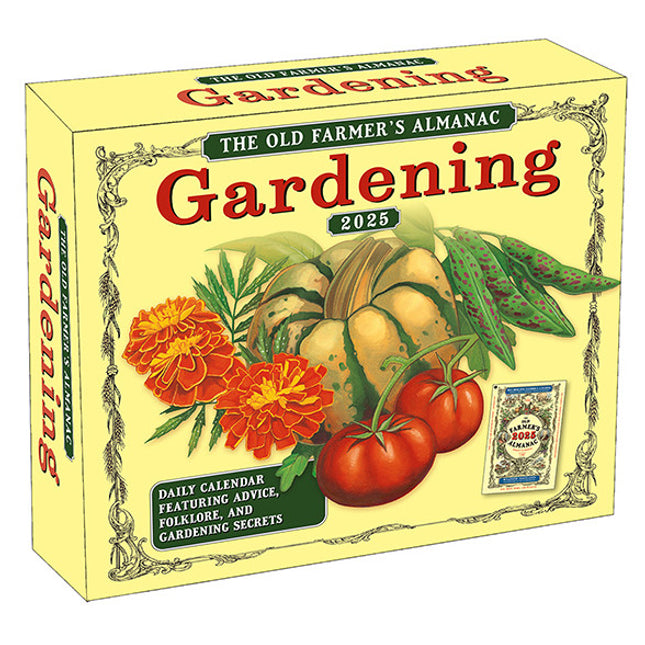 cover of the old farmer's almanac 2025 daily calendar featuring a vibrant crop of squash, tomatoes, and flowers on a yellow background