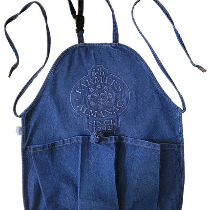 a denim gathering apron with deeply embossed Old Farmer's Almanac logo and large gathering pocket