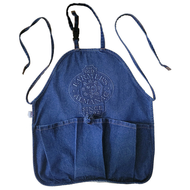 a denim gathering apron with deeply embossed Old Farmer's Almanac logo and large gathering pocket