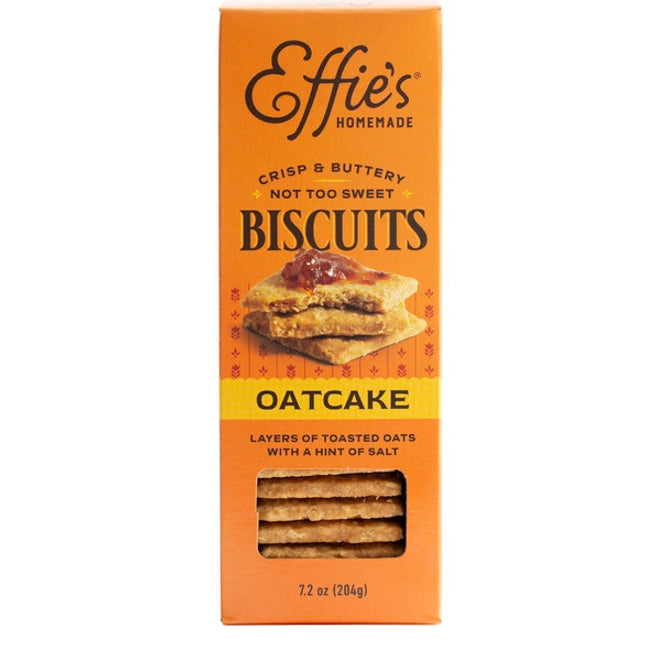 Effie's Oatcakes in orange box with window showing the biscuits