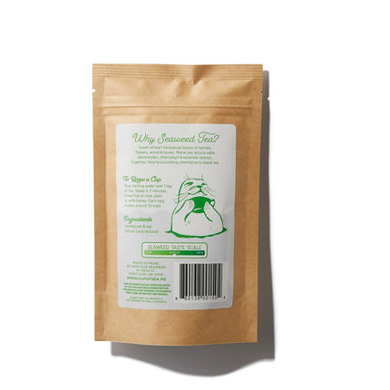 the back of the sailor's cure all seaweed tea package featuring seaweed health benefits, ingredients, brew guide, a graphic showing that this tea has a medium seaweed taste, and a graphic of a seal rising out of the sea holding a cup of tea