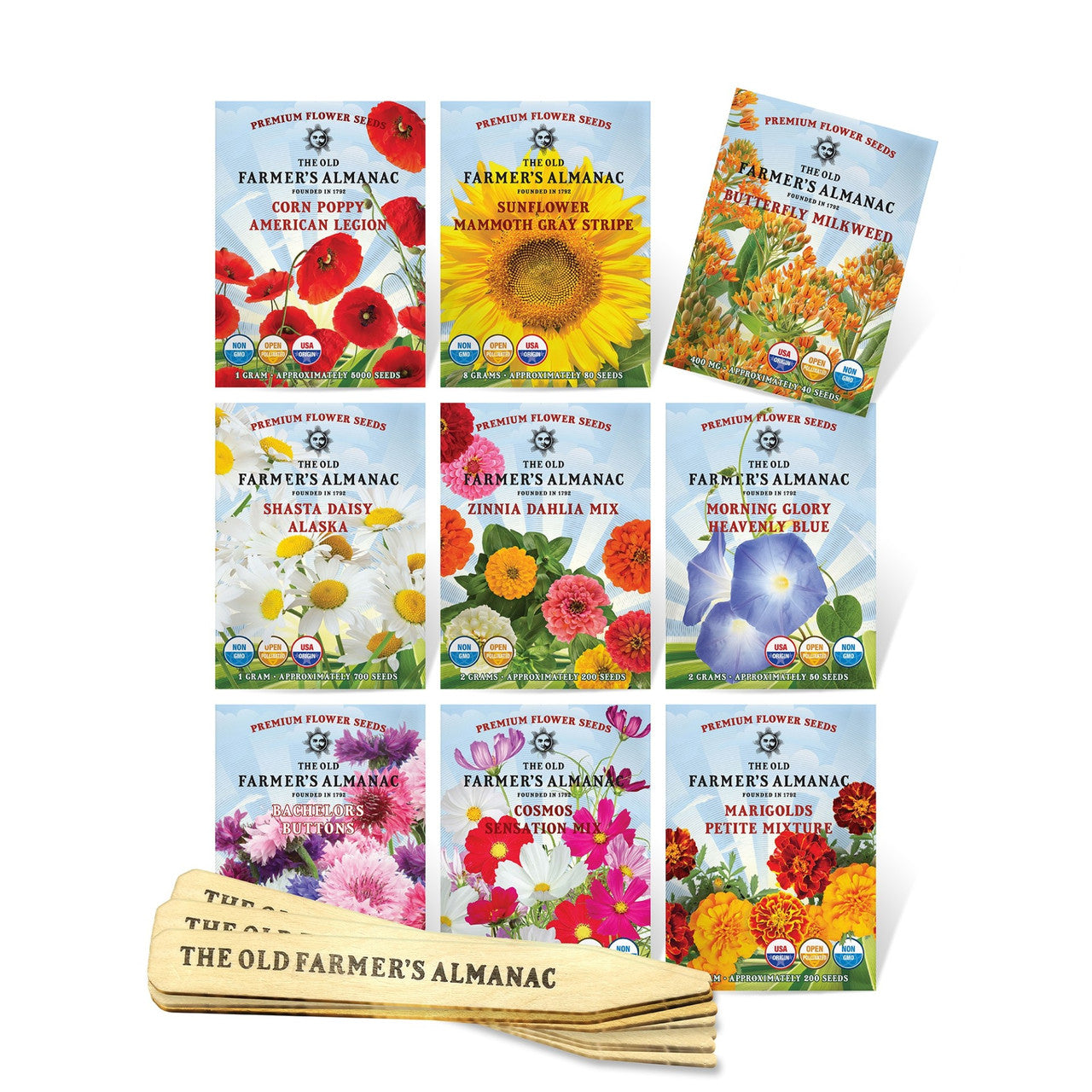 new england flower seeds The Old Farmer's Almanac Flower Garden Starter Kit with Wooden Plant Markers - 9 Seed Packets