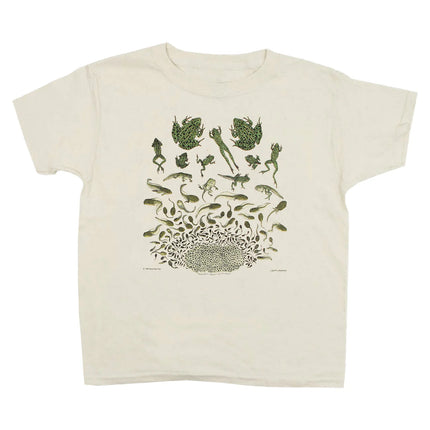 Beige t-shirt with green frog illustrations showing the complete life cycle of the leopard frog
