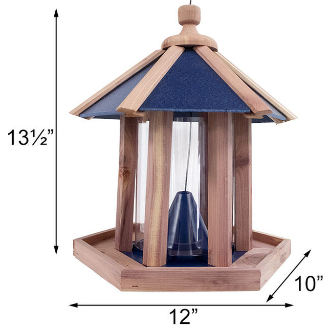 the gazebo feeder against a white background with numbers showing the measurements - 13.5 inches tall, 12 inches wide, and 10 inches deep