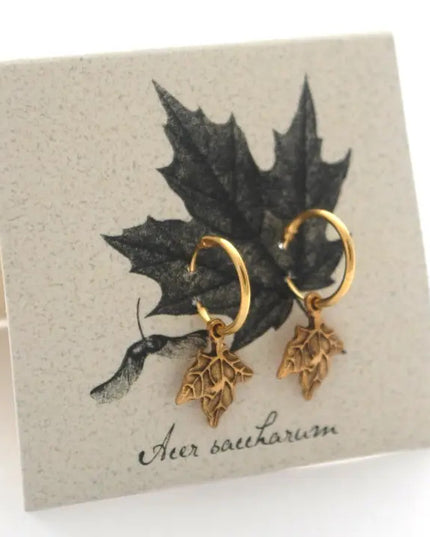 gold maple hoop earrings on an off white backer card printed with a black and gray illustration of a maple leaf