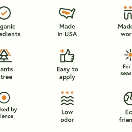 a graphic with product highlights: organic ingredients, made in USA, made by worms, plants 1 tree, easy to apply, for all seasons, backed by science, low odor, eco-friendly,