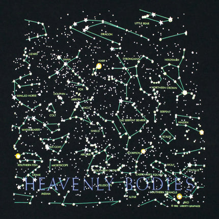 Star map of constellations on a black background with 'Heavenly Bodies' text.