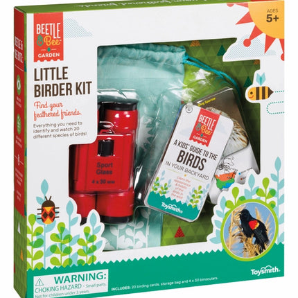 Birdwatching set for kids in package showing binoculars and kids bird guide