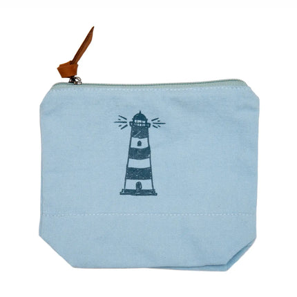 Light blue pouch with a lighthouse design on a white background