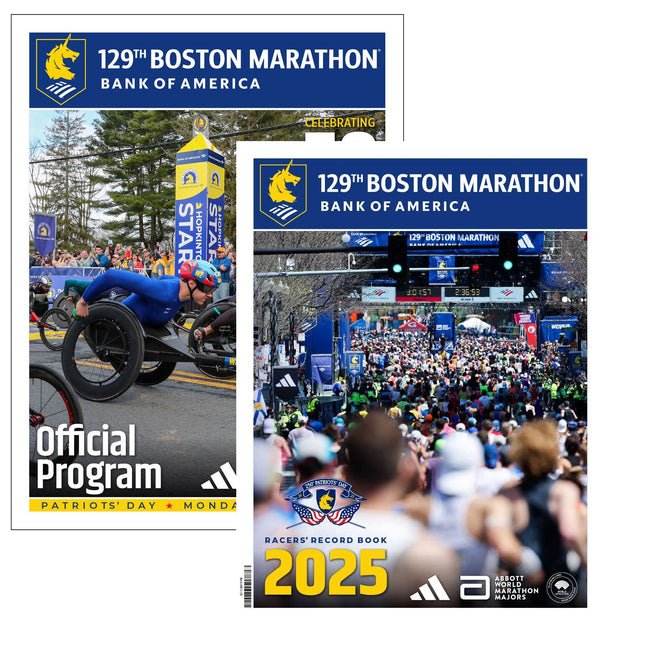 Two covers of the 129th Boston Marathon program and record book on a white background.