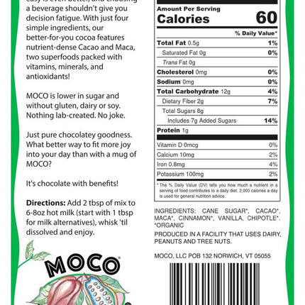 the back of the cocoa package showing ingredients, nutrition facts, and preparation instructions
