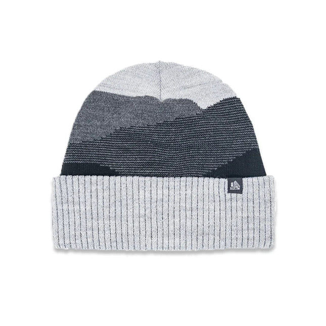 Gray and black beanie with a brand logo on a white background