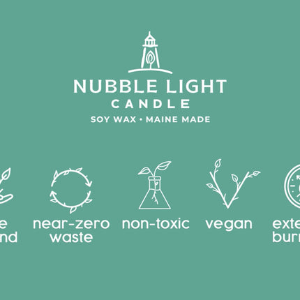 a graphic with info about the candle company - made by hand, near-zero waste, non-toxic, vegan, extended burn time