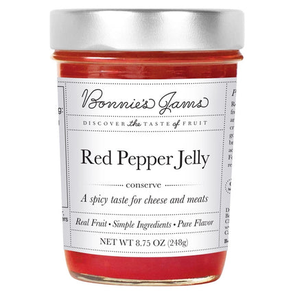 Bonnie's Red Pepper Jelly jam jar with an elegant white label and silver jar top