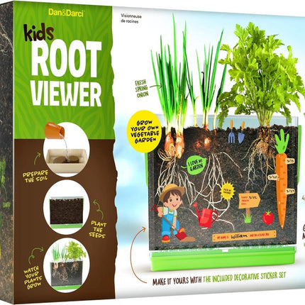 Kids Root Viewer package showing a clear planter so the root systems and growth are visible along with the gardening elements in the box