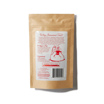 the back of the sailor's cure all seaweed tea package featuring seaweed health benefits, ingredients, brew guide, a graphic showing that this tea has a low seaweed tastse, and a graphic of a seal rising out of the sea holding a cup of tea
