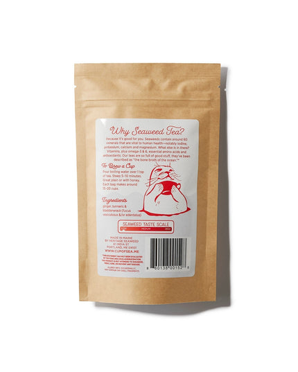 the back of the sailor's cure all seaweed tea package featuring seaweed health benefits, ingredients, brew guide, a graphic showing that this tea has a low seaweed tastse, and a graphic of a seal rising out of the sea holding a cup of tea