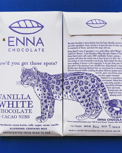 side by side view of the How'd You Get Those Spots? chocolate bar package showing the front and back of the packaging highlighting the wrap around illustration of the leopard with head and fore paws on the front of package and hind quarters and info on the back of the package