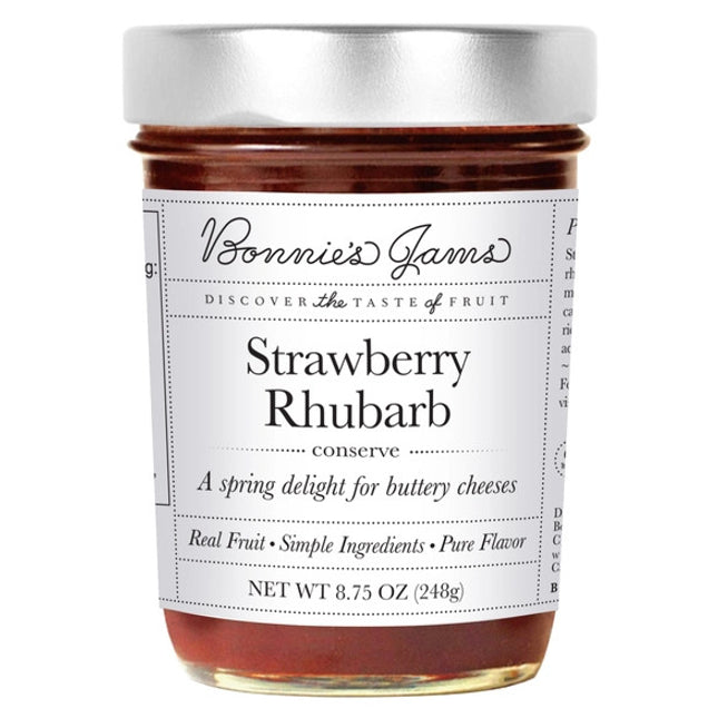Bonnie's Strawberry Rhubarb jam jar with an elegant white label and silver jar top