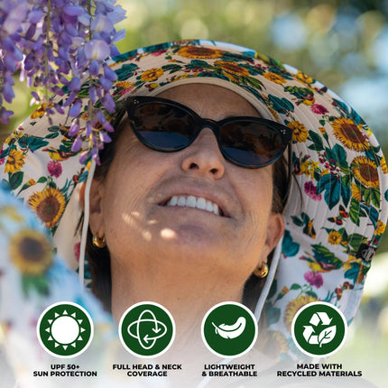 a close up of a model working in the garden with text with product benefits:  UPF 50+ sun protection, Full head and neck coverage, lightweight and breathable, made with recycled materials