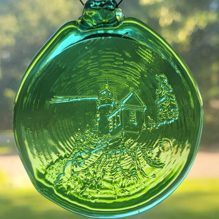 Green glass suncatcher featuring the Bass Harbor Light Station in Maine.