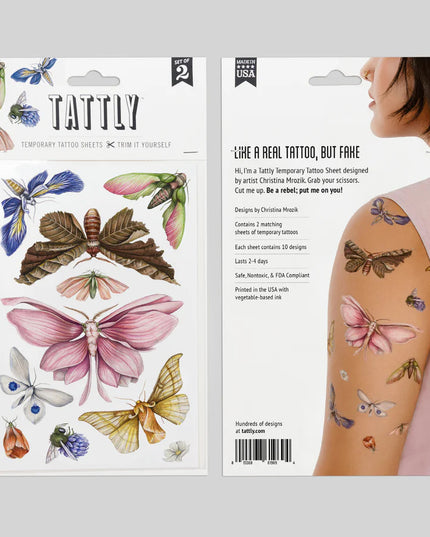 side by side placement of the front and back of the floraflies tattoo sheet packaging
