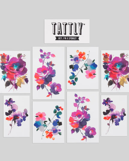 the whole set of 8 tattoos of the in bloom tattoo set - each is vividly colorful and painterly in style
