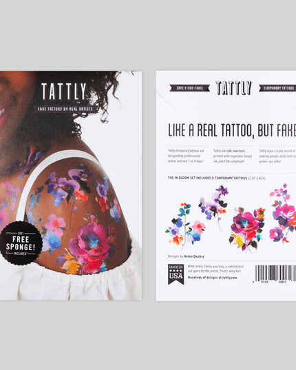 side by side placement of the front and back of the in bloom tattoo sheet packaging
