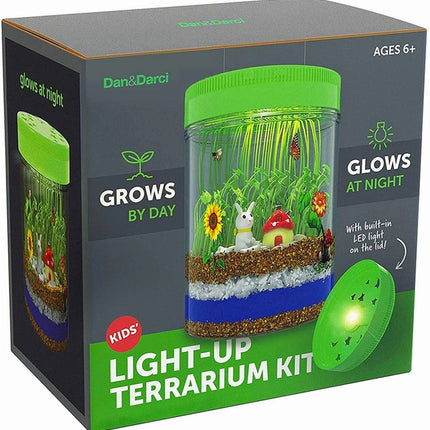 Kids light-up terrarium kit box showing the fully assembled terrarium with the light on