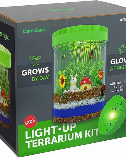 Kids light-up terrarium kit box showing the fully assembled terrarium with the light on