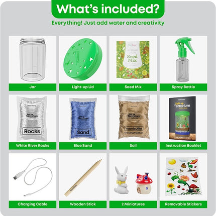 a graphic showing all of the included items: Jar, Light-up lid, seed mix, spray bottle, white river rocks, blue sand, soil, instruction booklet, charging cable, wooden stick, 2 miniatures, removable stickers