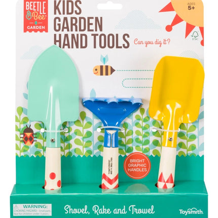 kids garden tools set in a colorful package with shovel, rake, and trowel