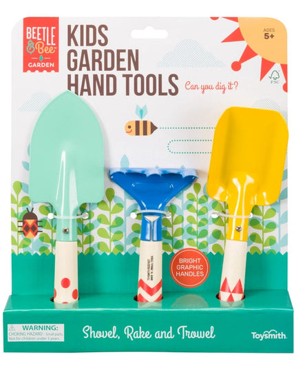 kids garden tools set in a colorful package with shovel, rake, and trowel